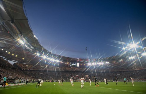 Overview, Bundesliga football match VfB Stuttgart vs Eintracht Frankfurt, sold out, floodlights,