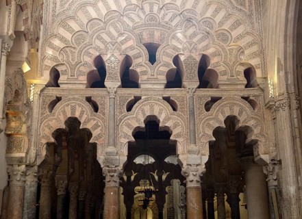 Ornate stonework of archways in the former Great Mosque, Cordoba, Spain, Europe