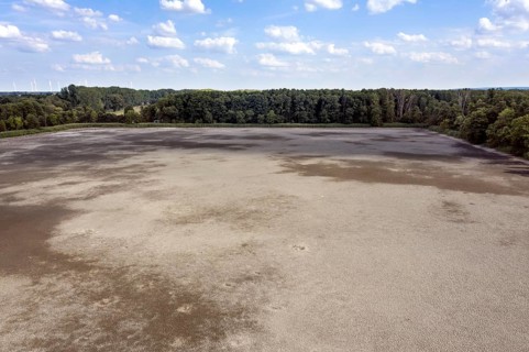 Aerial view of dried up fish ponds in Reckahn in Brandenburg. The Plane, a river that normally