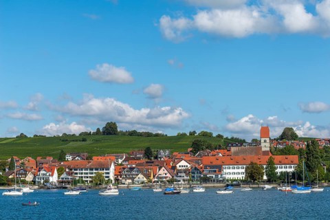 Townscape, sports boats, church, blue sky, vineyards, Hagnau on Lake Constance, Baden-Württemberg,