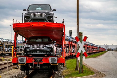 BMW new cars, on freight wagons, in the harbour of Cuxhaven, are shipped from here to Great Britain