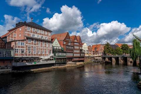 The old town of Lüneburg, Stintmarkt square on the Ilmenau river, historic harbour district, many