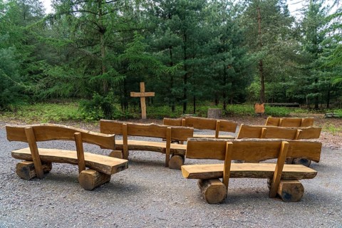 Cemetery forest, place of worship, cross, wooden cross benches, wooden benches, burial place in the