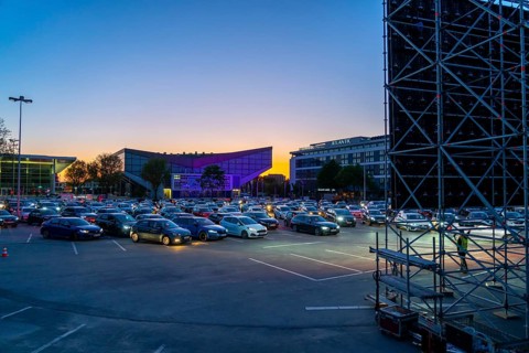 Temporary drive-in cinema, in the car park in front of Messe Essen, Grugahalle, large LED screen,