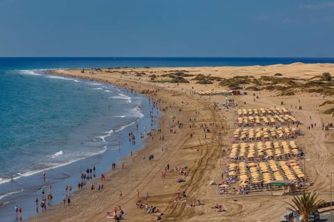 Beach of Playa des Ingles with the dunes of Maspalomas, Gran Canaria, Canary Islands, Spain, Playa