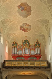 Organ, gallery and ceiling fresco, late Gothic Minster of Our Lady, interior view, Radolfzell,