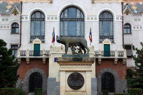 City of Targu Mures, in front of the prefecture stands a copy of the Roman Woelfin, at Piata