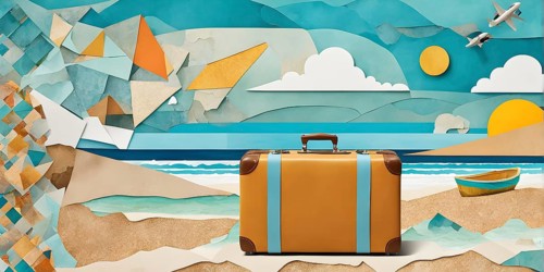 Vintage collage of a tourist with suitcase on a beach symbolizing vacation, AI generated