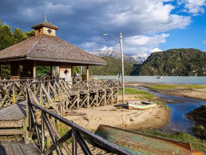House and wooden boardwalk of Caleta Tortel, at the seaside, Caleta Tortel, Aysen region,