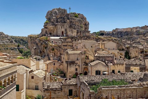 The rock church of Santa Maria dell'Idris towers over the Sasso Caveoso district in the cave town