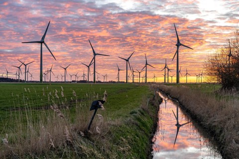 Wind farm near the East Frisian town of Norden, east of the town, sunset, Lower Saxony, Germany,