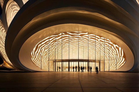 Modern art museum architecture inspired by seashells spiral patterns, AI generated