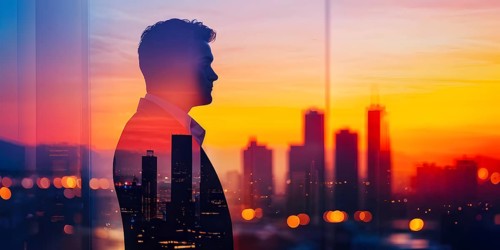 AI generated profile of a businessman with a double exposure of city lights, representing business