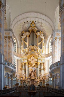 Baroque Protestant Lutheran Church of Our Lady, Interior view with altar and organ, Dresden,