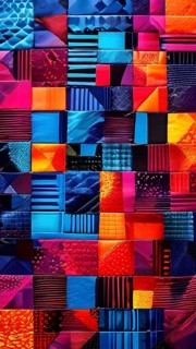 Abstract geometric patchwork illustration with vibrant intersecting geometric shapes filled with