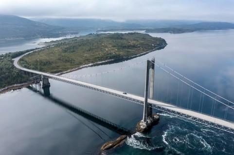Aerial view of suspension bridge over fjord Efjord, road E6, northern Norway