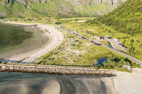 Aerial view of campsite at beach Ersfjordstranden, fjord Ersfjord, golden restroom, Senja island,