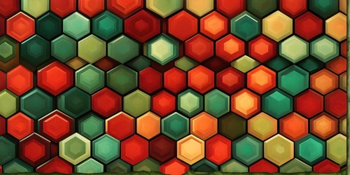 Abstract composition of interlocking green and red hexagons, AI generated