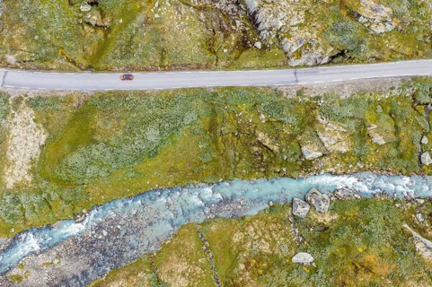 Aerial view of the Sognefjell road, mountain road along Jotunheimen National Park, Norway, Europe