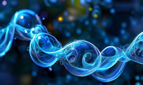 Helix shaped structure bathed in vibrant blue color interconnected with a string of iridescent