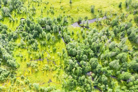 Aerial view of stream and ponds in the Veitastrond valley, Norway, Europe
