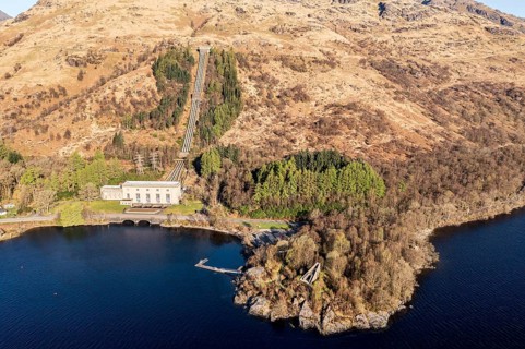 Aerial view, Hydro-electric power station at Inveruglas, wooden pyramid viewing point on peninsula,