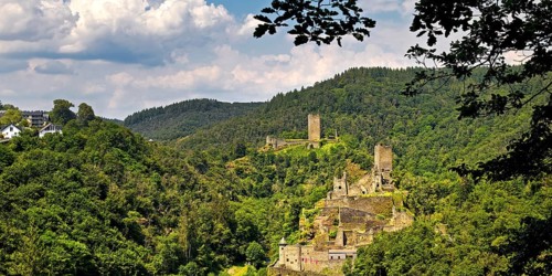 Panoramic view of the two castles, Oberburg and Niederburg of Manderscheid, Southern Eifel, Eifel,