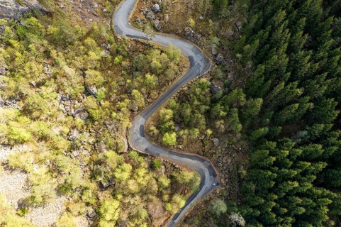 Aerial view of historical mountain pass Tronasen, steep winding road north of Flekkefjord, southern