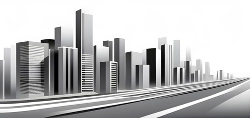 Modern city skyline using clean lines and geometric forms, with rectangular buildings and smooth,