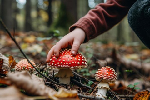 Child's hands picking up red toxic fly agaric Amanita Muscaria mushroom in forest. KI generiert,