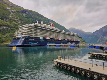A large cruise ship, Mein Schiff 6, lies in the fjord, surrounded by green mountains under a cloudy