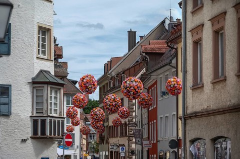 Colourful flower balls decorate the streets of, Villingen-Schwenningen, Baden-Württemberg, Germany,