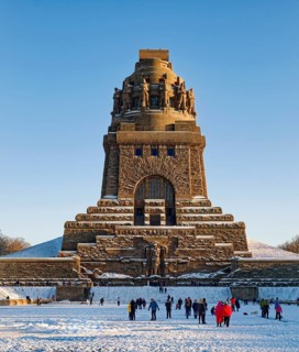 Monument to the Battle of the Nations on a winter's day with snow, Leipzig, Saxony, Germany, Europe