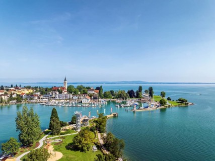 Harbour area, ferry port, yacht harbour, marina of Romanshorn with adventure playground on the