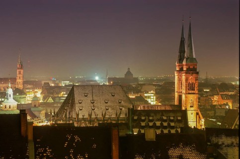 St Sebald's Church in Nuremberg, twin towers illuminated at night, Nuremberg, Bavaria, Germany,