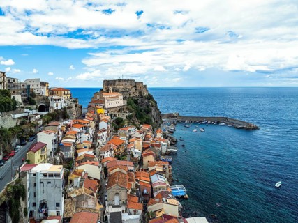 Scilla from a drone, Calabria, Italy, Europe