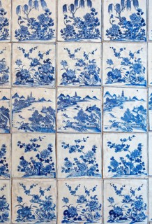 Blue and white porcelain tiles, Paradesi Synagogue, Matancherry, Jew Town, Cochin, Kerala, India,