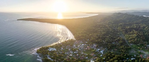 Aerial view, view of Cahuita National Park, coast and coastal landscape with forest, Punta Cahuita