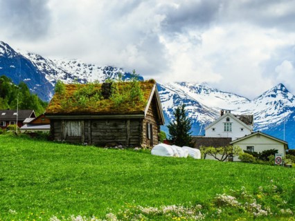 Mountains and Fjord over Norwegian Village, Olden, Innvikfjorden, Norway, Europe