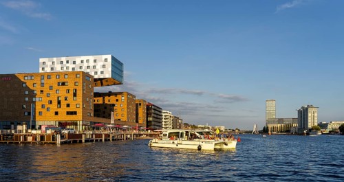 View from the Spree towards Treptow, Molekül Man and Twin Towers, Berlin, Germany, Europe