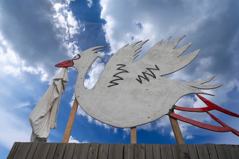 Stork figure with nappy announces the birth of a child, widespread tradition, Schärding, Lower