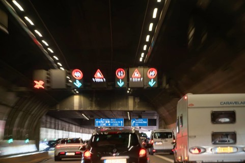 Traffic signs in a motorway tunnel, Baden-Württemberg, Germany, Europe