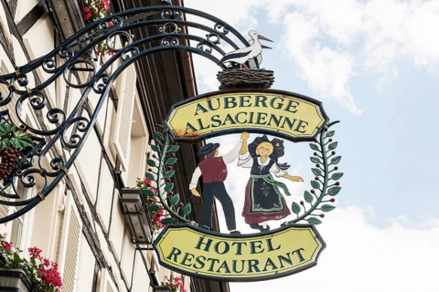 Restaurant sign, Eguisheim, Plus beaux villages de France, Haut-Rhin, Alsace, Alsace, France,