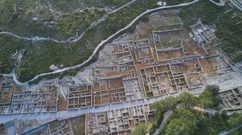 Drone shot, first morning light, Extensive ruins of an ancient site, photographed from the air,