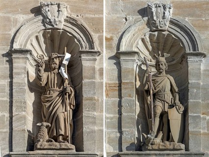 Sculptures, Saviour with the Lamb of God and St. George with the Dragon, at the parish church of