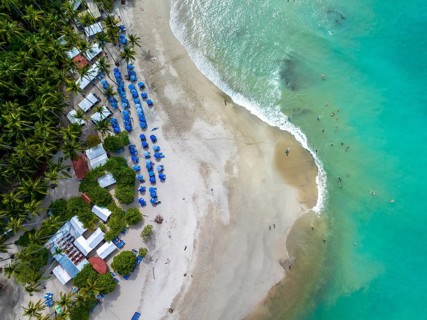 Aerial view, Tropical island in the turquoise ocean, Tourist beach, Tortuga Island, Puntarenas,