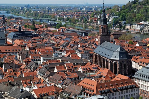 View from the castle ruins to Heidelberg with the Heliggeistkirche and Neckar, castle courtyard,