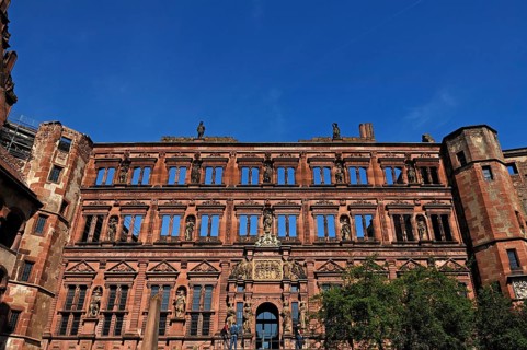 Heidelberg castle ruins, first destroyed in 1698, entire façade of the Ottheinrich building, built