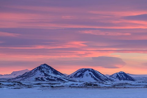 Sunset over Bergen in the snow, volcano winter, behind Herdubreid, Iceland, Europe