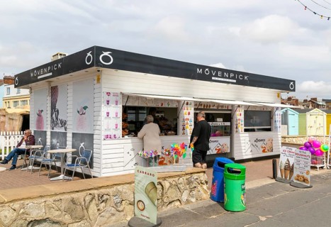 Movenpick seaside ice cream snack stall on seafront, Felixstowe, Suffolk, England, UK